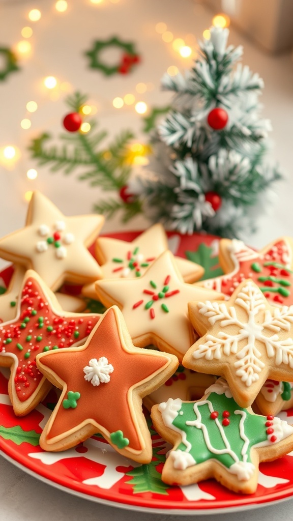 Decorated Christmas sugar cookies in festive shapes on a holiday-themed plate with fairy lights in the background.
